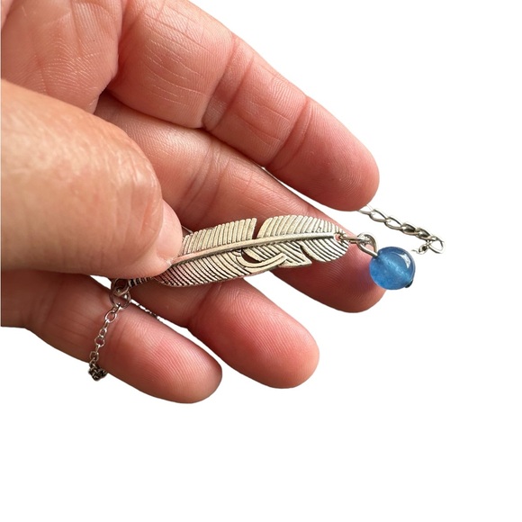 Silver Feather Design Anklet with Blue Bead Accent - Picture 5 of 5